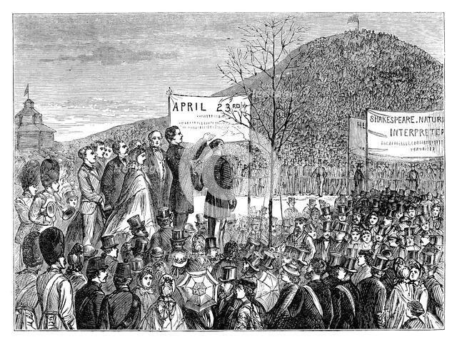 Mr Phelps planting 'Shakespeare's Oak' at Primrose Hill, London, 1864 (late 19th century). Artist: Unknown