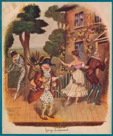 Mr Punch (or Pulcinella) and other commedia dell'arte characters, 19th century. Creator: Unknown