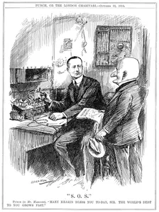 Mr Punch thanking Marconi for wireless telegraphy which was saving lives at sea, 1913. Creator: Leonard Raven-Hill
