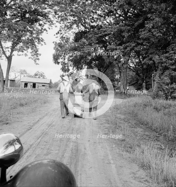 Mr. Taylor and wage laborer slide tobacco to the barn..., Granville County, North Carolina, 1939. Creator: Dorothea Lange.