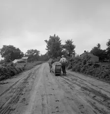 Mr. Taylor and wage laborer slide the tobacco to barn..., Granville County, North Carolina, 1939. Creator: Dorothea Lange