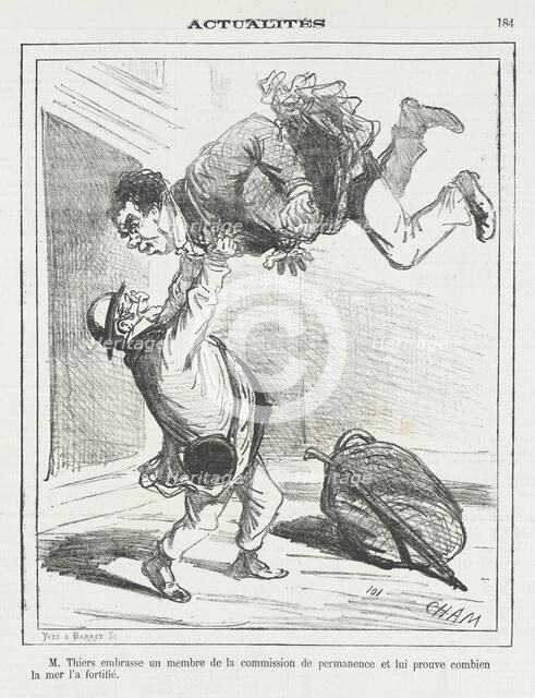 Mr. Thiers embrasse un membre de la comission de permanence et lui prouve combien..., 1872. Creator: Cham.