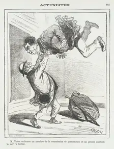 Mr. Thiers embrasse un membre de la comission de permanence et lui prouve combien..., 1872. Creator: Cham