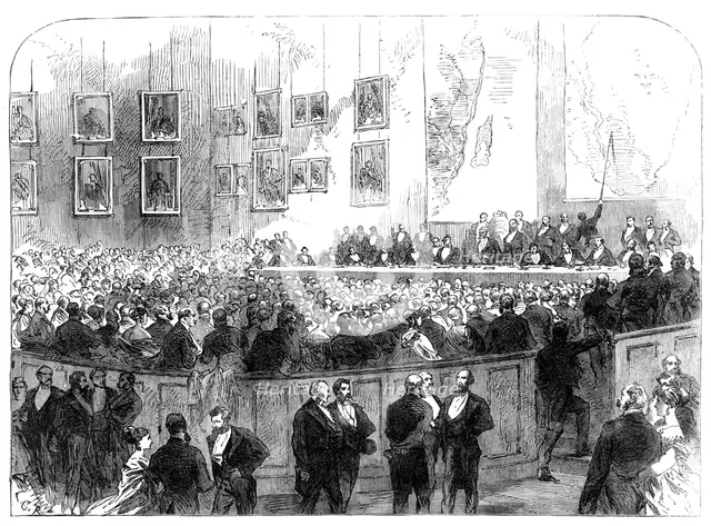 Mr. Young describing his search for Dr. Livingstone, meeting of the Royal Geographical Society, 1868 Creator: Unknown.