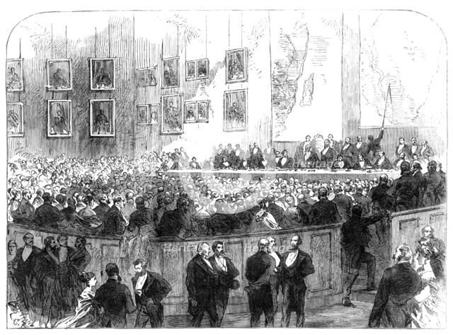 Mr. Young describing his search for Dr. Livingstone, meeting of the Royal Geographical Society, 1868 Creator: Unknown.