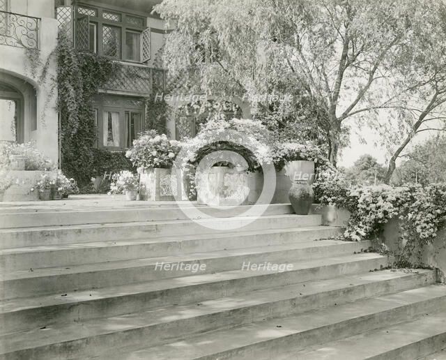 Mrs. Albert Herter, East Hampton, blue & white garden, 1913. Creators: Frances Benjamin Johnston, Johnston-Hewitt Studio.