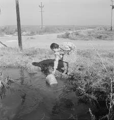 Mrs. Bartheloma dipping water from irrigation ditch..., Nyssa Heights, Malheur County, Oregon, 1939. Creator: Dorothea Lange