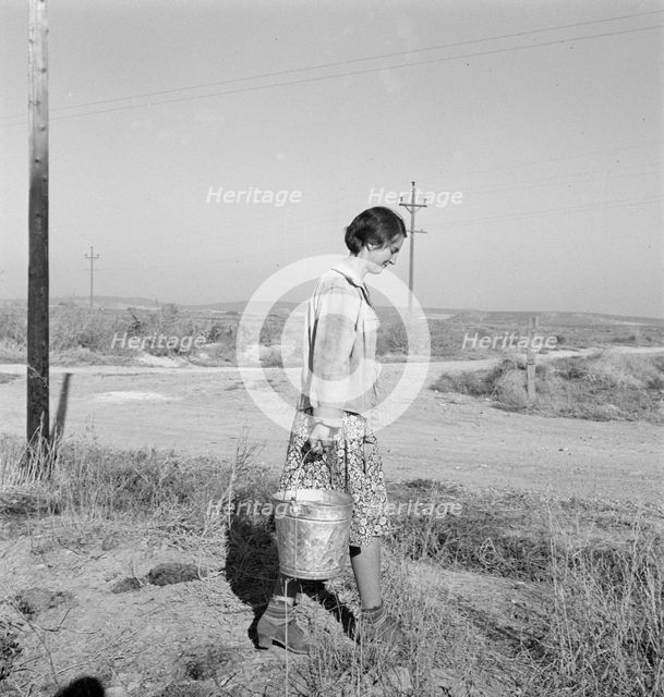 Mrs. Bartheloma hauls water from irrigation ditch, Nyssa Heights, Malheur County, Oregon, 1939. Creator: Dorothea Lange.