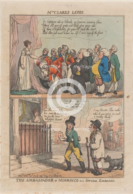 Mrs Clark's Levee. The Ambassador of Morrocco on a Special Embassy, February 20, 1809. Creator: Thomas Rowlandson.