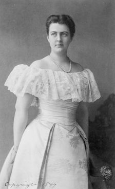 Mrs. Frances Folsom Cleveland, three-quarter-length portrait, standing, facing left, c1897. Creator: Frances Benjamin Johnston