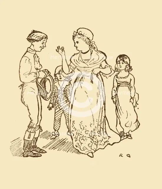 Mrs Gilpin pays the postboy to find her husband, 1878, (c1918). Creator: Randolph Caldecott.