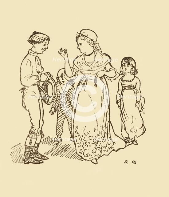 Mrs Gilpin pays the postboy to find her husband, 1878, (c1918). Creator: Randolph Caldecott.