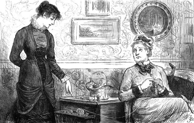 "...Mrs. Goodhart...says with a sigh...'I've no patience with Mr. Wildair"..., 1881 Creator: Joseph Swain.