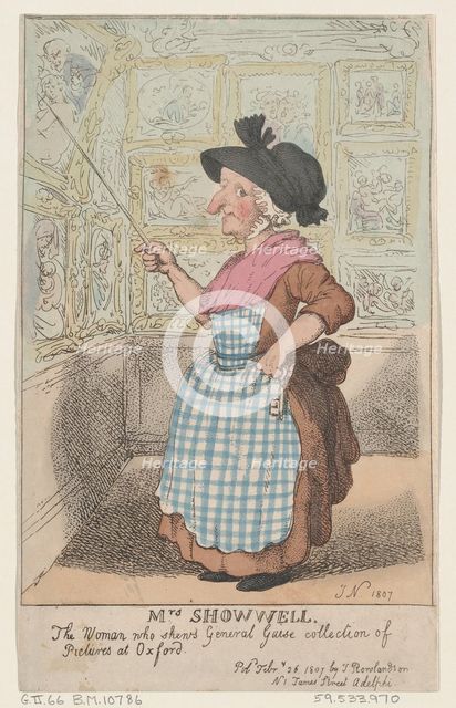 Mrs. Showell, the Woman who shows General Guise's Collection of Pictures at O..., February 26, 1807. Creator: Thomas Rowlandson.