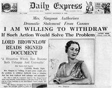 Mrs Simpson offers to withdraw 8 December 1936