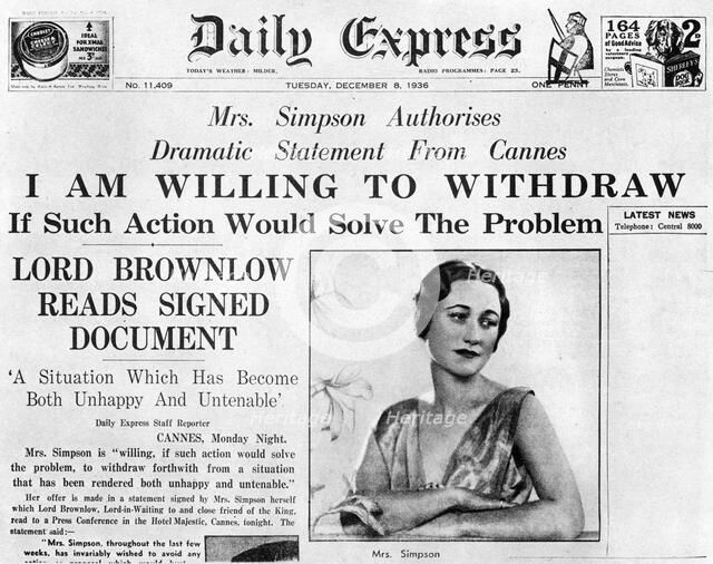 Mrs Simpson offers to 'withdraw', 8 December 1936. Artist: Unknown