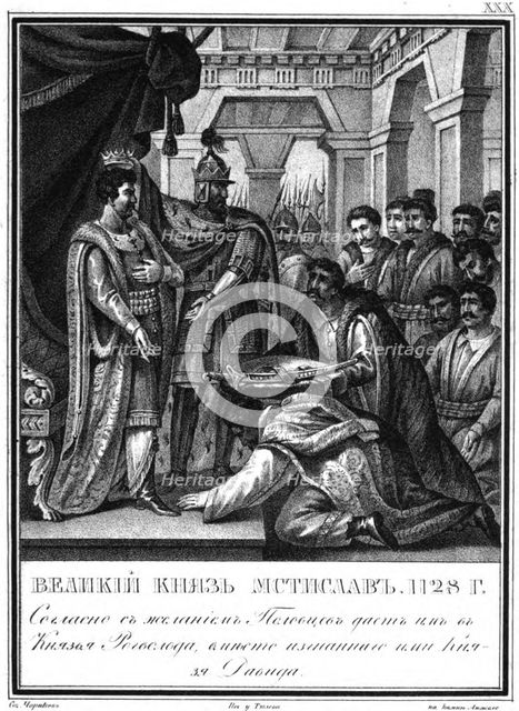 Mstislav I appointed Rogvolod to Prince of Polotsk. 1128 (From Illustrated Karamzin), 1836. Artist: Chorikov, Boris Artemyevich (1802-1866)