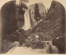 Mt. Broderick in Distant Centre, Piroyac, Falling Chrystals, Vernal Fall, 1861. Creator: Carleton Emmons Watkins