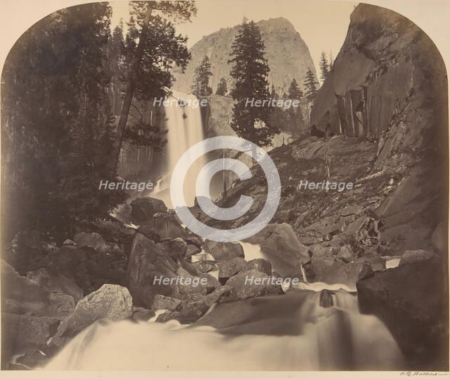 Mt. Broderick in Distant Centre, Piroyac, Falling Chrystals, Vernal Fall, 1861. Creator: Carleton Emmons Watkins.