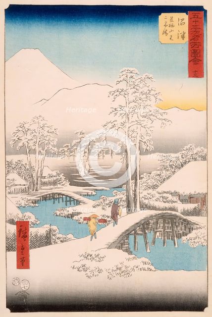 Mt. Fuji and Mt. Ashigara from Numazu in Clear Weather After a Snowfall, Published in 1855. Creator: Ando Hiroshige.