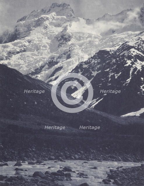 Mt Sefton from the Hooker Bridge. From the album: Record Pictures of New Zealand, 1920s. Creator: Harry Moult.