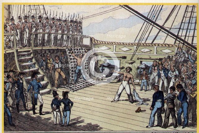 Mutiny on board in a war ship, by sailors, for the punishment by lash to a companion, engraving, …