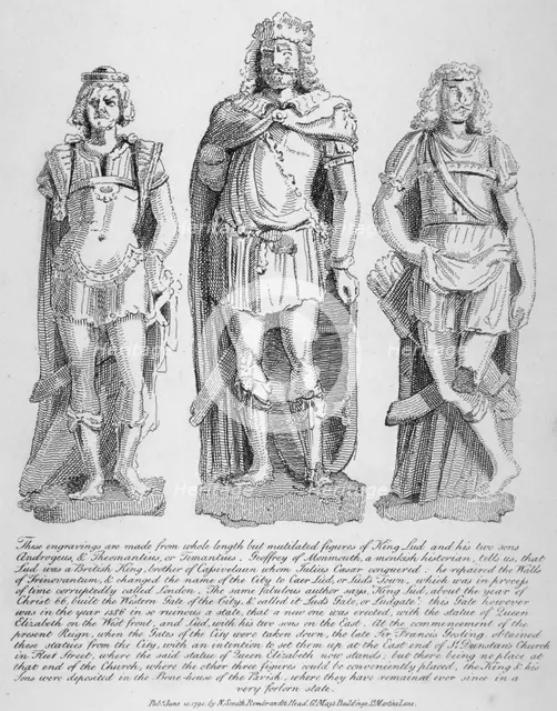 Mutilated figures of the mythical King Lud and his two sons Androgeus and Theomantius, 1795. Artist: John Thomas Smith