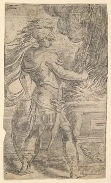 Mutius Scaevola placing his hand in the flames (left half of a composition, whose righ..., ca. 1540. Creator: Andrea Schiavone
