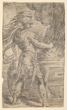Mutius Scaevola placing his hand in the flames (left half of a composition, whose righ..., ca. 1540. Creator: Andrea Schiavone
