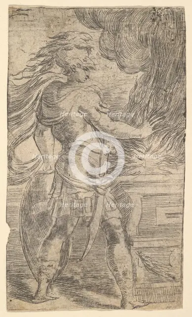 Mutius Scaevola placing his hand in the flames (left half of a composition, whose righ..., ca. 1540. Creator: Andrea Schiavone.