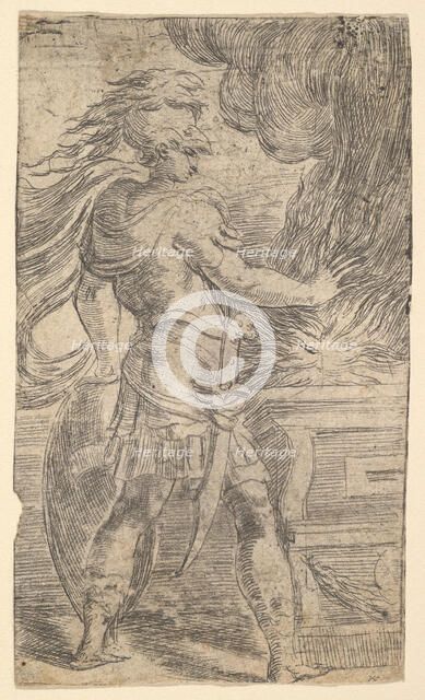 Mutius Scaevola placing his hand in the flames (left half of a composition, whose righ..., ca. 1540. Creator: Andrea Schiavone.