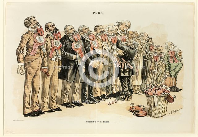 Muzzling the Press, from Puck, published May, 1889. Creator: Charles Jay Taylor.