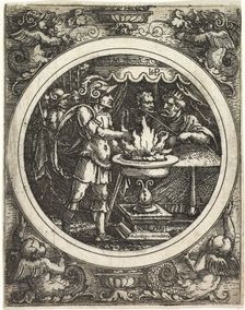 Mucius Scaevola Holding His Hand in the Fire, c. 1520. Creator: Hans Sebald Beham (German, 1500-1550)