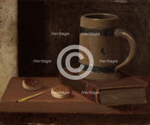 Mug, Book, Biscuits, and Match, 1893. Creator: John Frederick Peto.