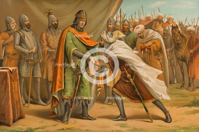 Muhammad I (1194-1273) kissing the hand of the King of Castile, March 1246, (1890).  Creator: Unknown.