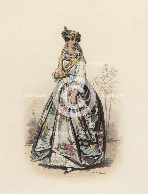 Mulatto woman from Martinique island, Color engraving 1870.