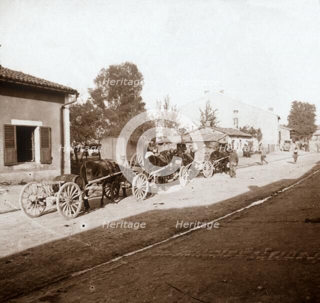 Mule wagons with supplies, Verdun, northern France, c1914-c1918. Artist: Unknown.