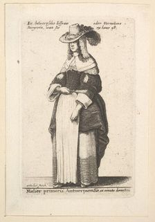 Mulier primaria Antuerpiensis, in ornatus domestica (Gentlewoman of Antwerp in domestic..., 1625-77. Creator: Wenceslaus Hollar