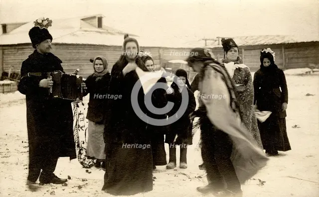 Mummers on the streets of the Znamensky Glass Factory on Christmastide, 1913-1914. Creator: S. Ia. Mamontov.