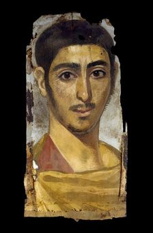 Mummy portrait in encaustic on wood panel: young man, perhaps a soldier, 193 - 235