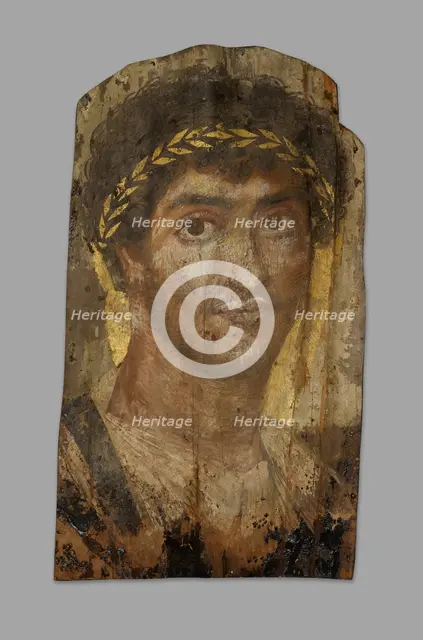 Mummy Portrait of a Man Wearing a Laurel Wreath, Fayum, Early to mid-2nd century. Creator: Unknown.