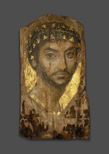 Mummy Portrait of a Man Wearing an Ivy Wreath, Fayum, Early to mid-2nd century. Creator: Unknown