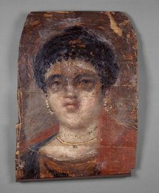 Mummy portrait painted in encaustic on a wooden panel, about 100-120, 2nd century