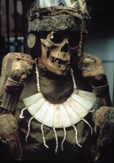 Mummy with gold headdress and tissue
