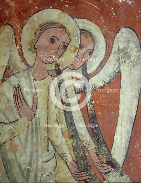 Mural of a sepulchral monument from San Pablo de Casserres, representing angels with long trumpet…