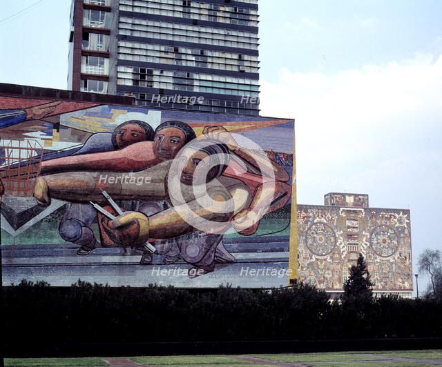 Mural of David Alfaro Siqueiros on the façade of the building of the rectory of the university ca…