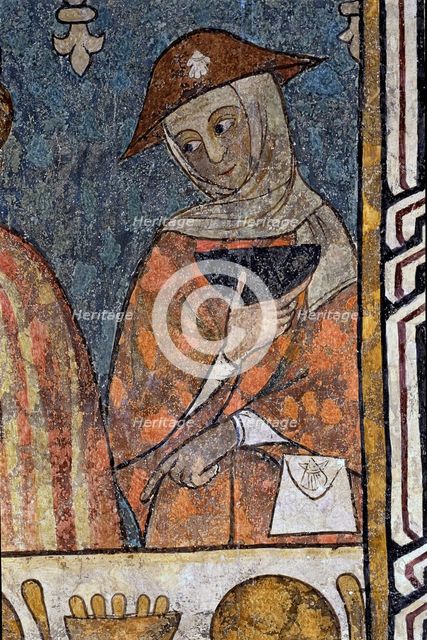 Mural of the old refectory of the Cathedral of Lleida, tempera painting, detail of various banque…