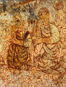 Mural painting from the apse of the church of Saint Michael, two persons contemplating Jesus asc…