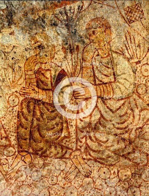 Mural painting from the apse of the church of Saint Michael, two persons contemplating Jesus' asc…