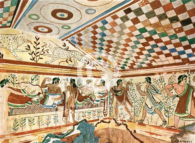 Mural painting in the Leopard's Tomb (Tomba dei Leopardi) at Tarquinia, Italy, (1928).  Creator: Unknown.